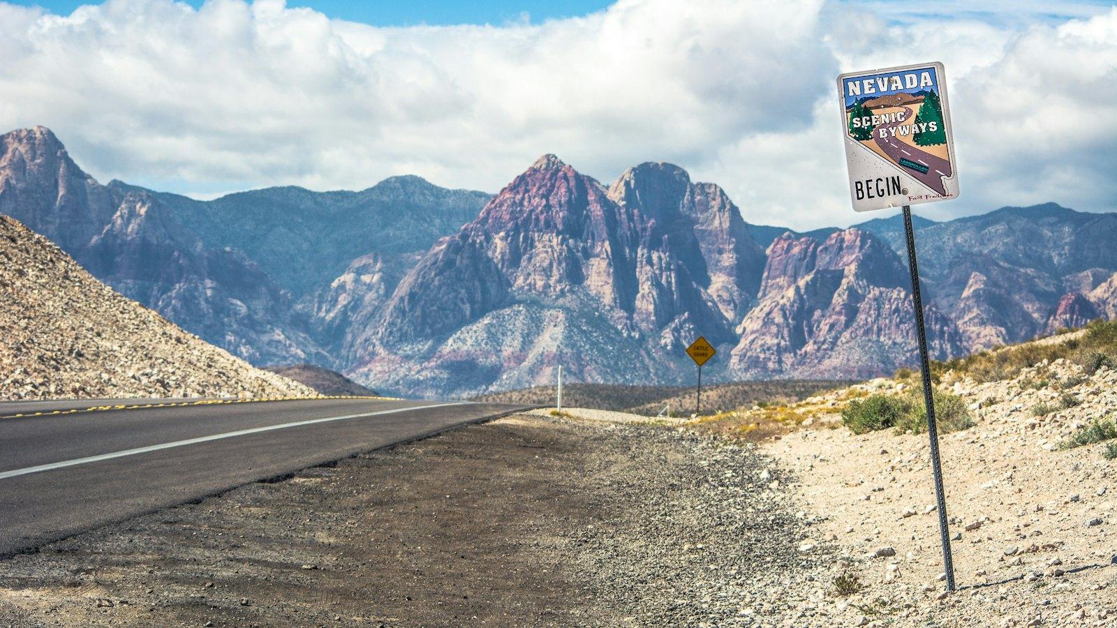 Welcome to Nevada sign by the highway near Red Rock Canyon