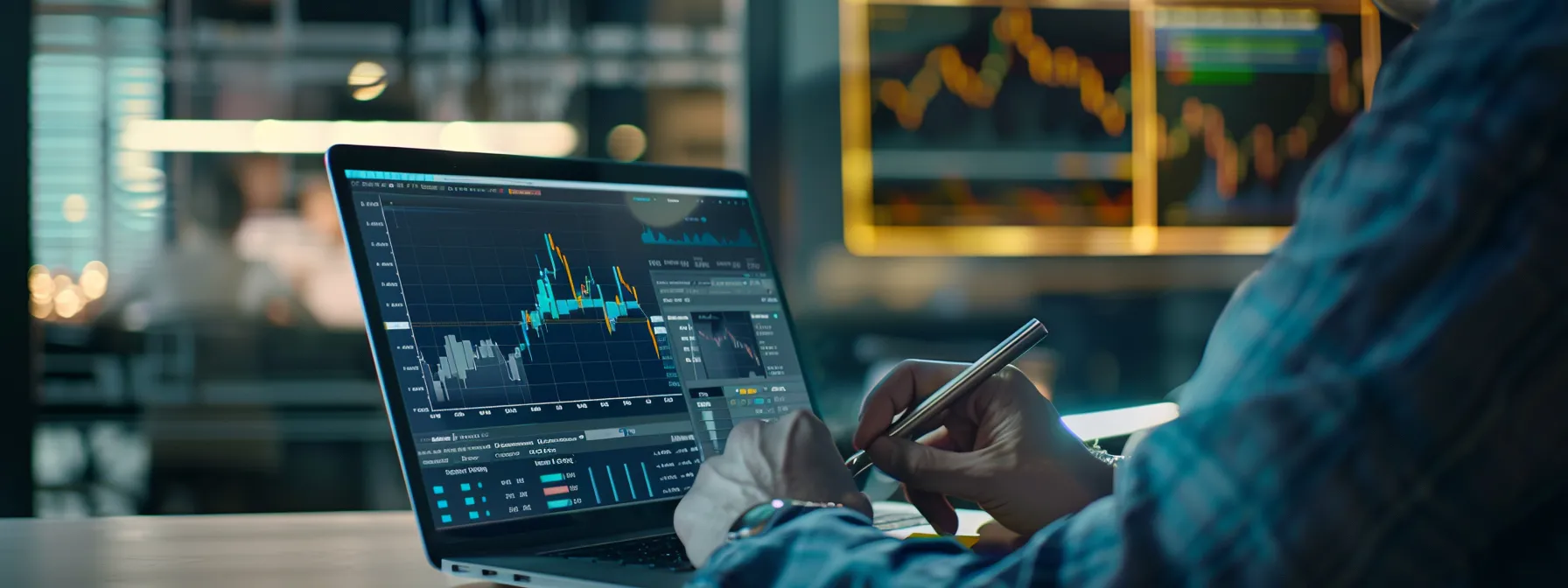 people discussing investments and looking at graphs and charts on a laptop screen.