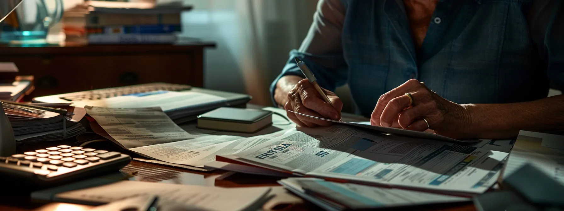 a person carefully comparing different final expense insurance policies on a desk, surrounded by paperwork and a calculator.