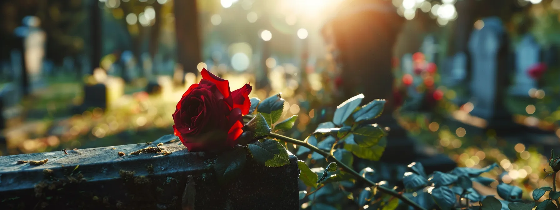 a tranquil cemetery with a serene headstone marked with a single red rose, symbolizing the financial relief provided by final expense insurance.