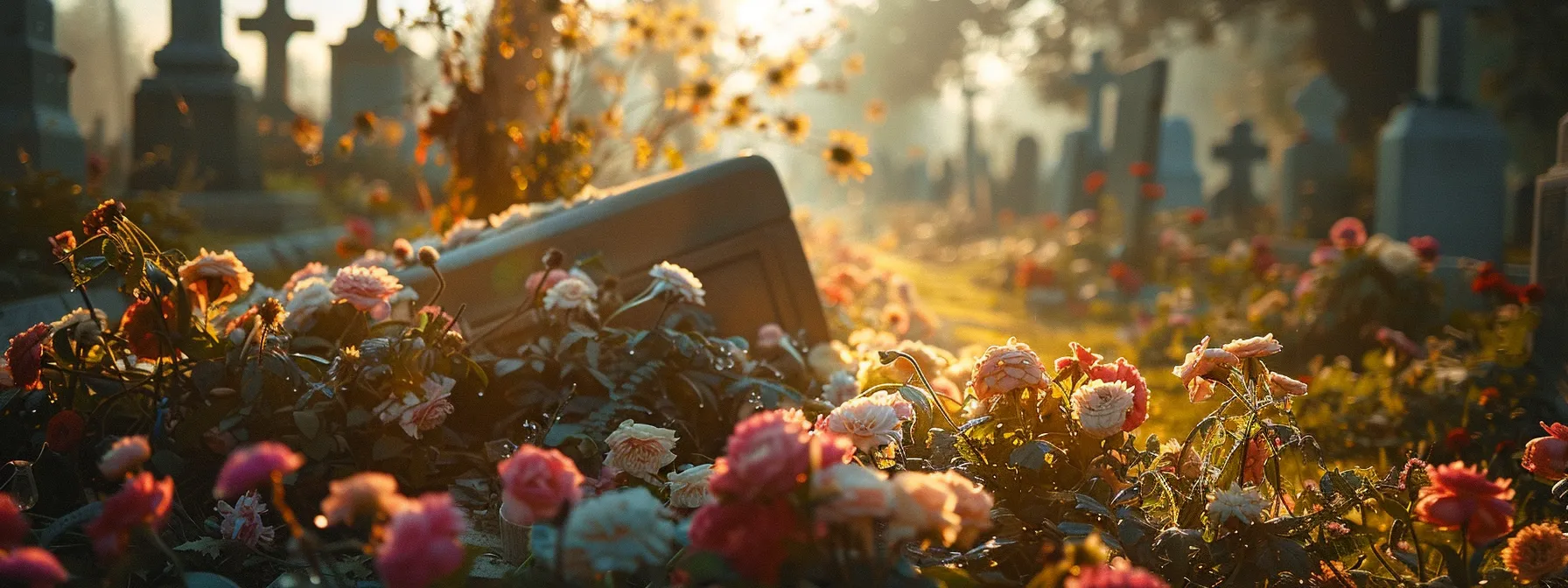 a solemn cemetery scene with a casket covered in flowers and a gravestone in the background, highlighting the purpose of final expense insurance.