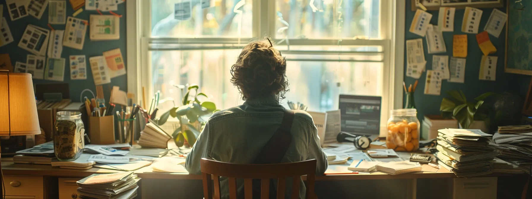 a person sitting at a desk surrounded by stacks of bills, a savings jar for their children's education, and a vision board of long-term financial goals while reviewing life insurance options.