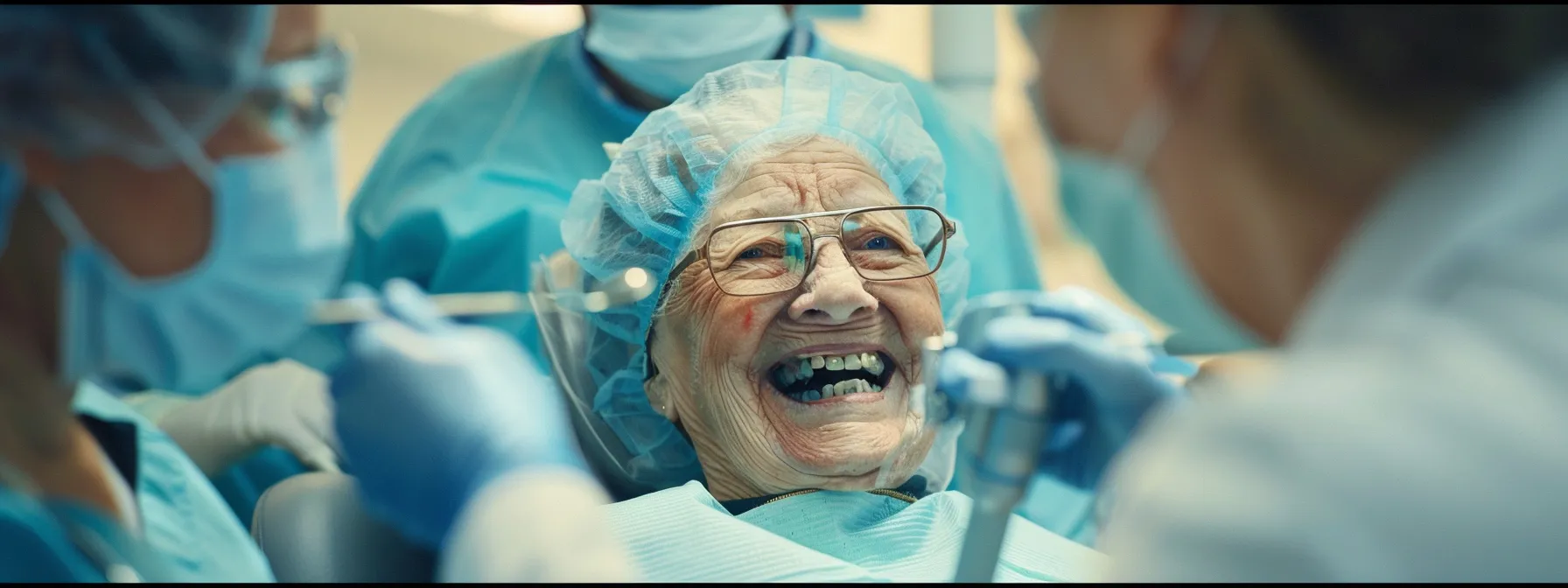 an elderly person smiling happily while receiving dental care at a medicare advantage clinic, surrounded by a caring dental team and state-of-the-art equipment.