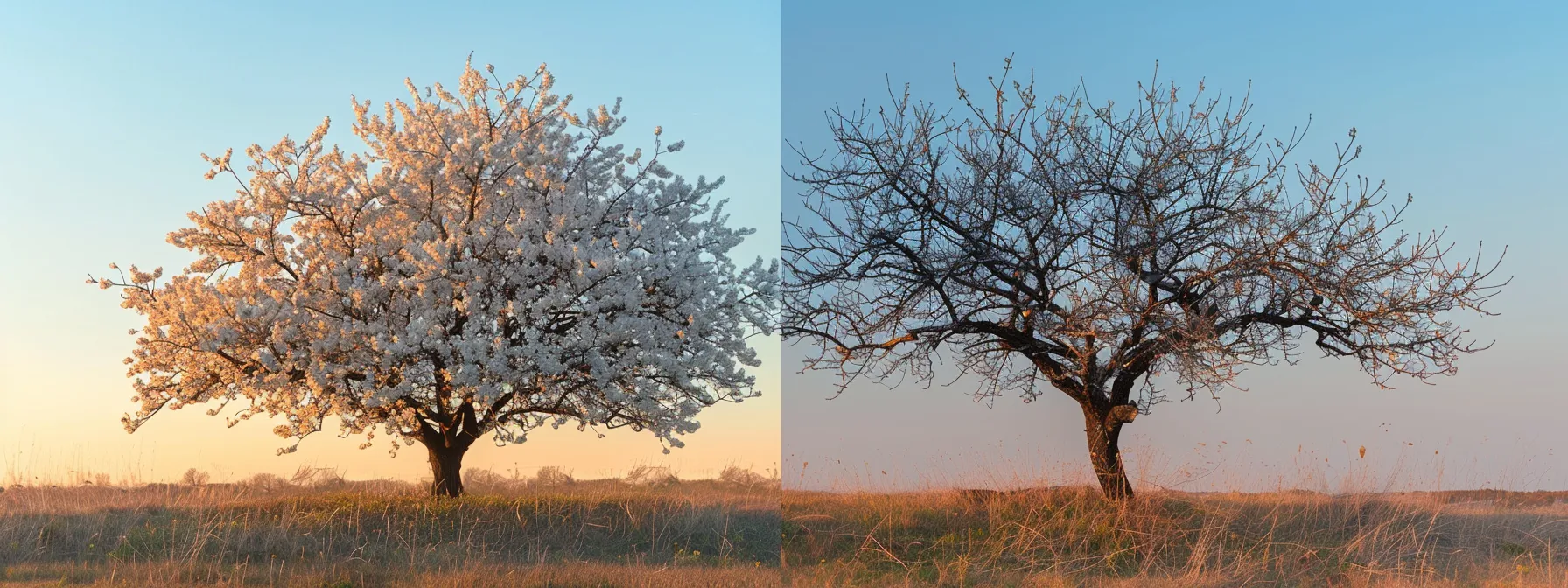a photo of a lush, blossoming tree representing long-term growth potential in whole life insurance, contrasting with a bare tree symbolizing the temporary nature of term life insurance.