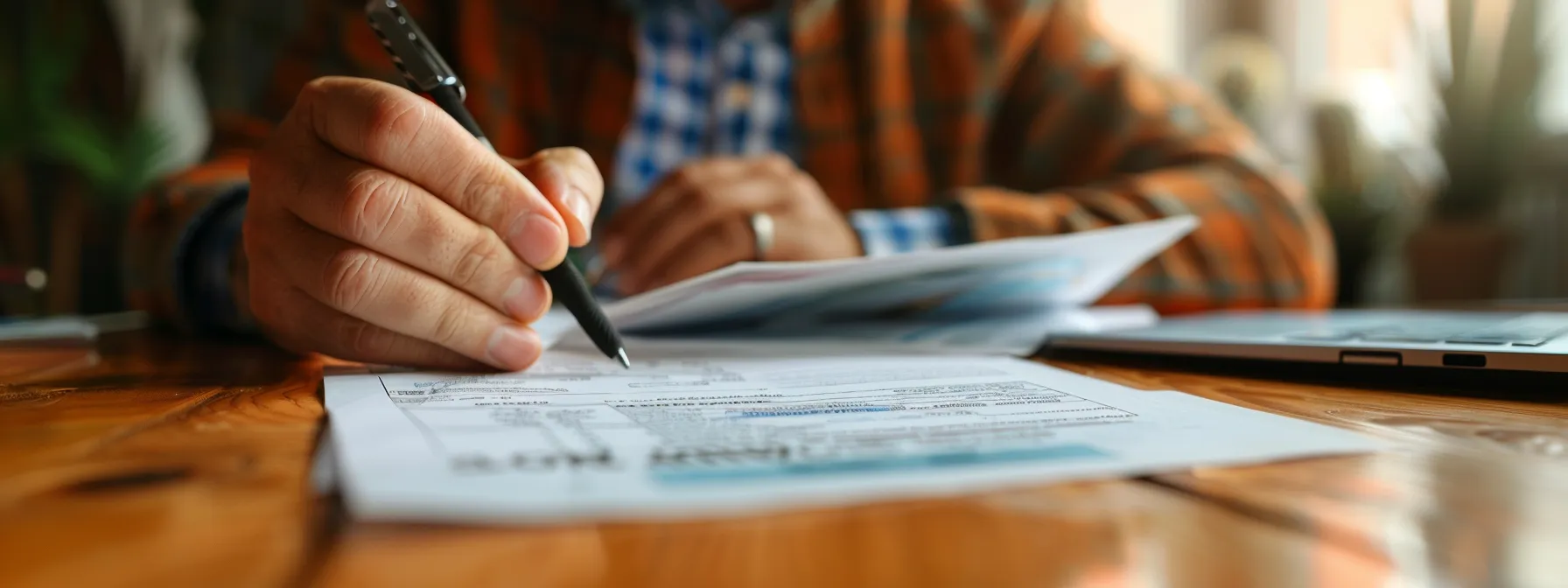 a photo of a person analyzing two whole life insurance policies side by side, focusing on key features and premium payment terms.