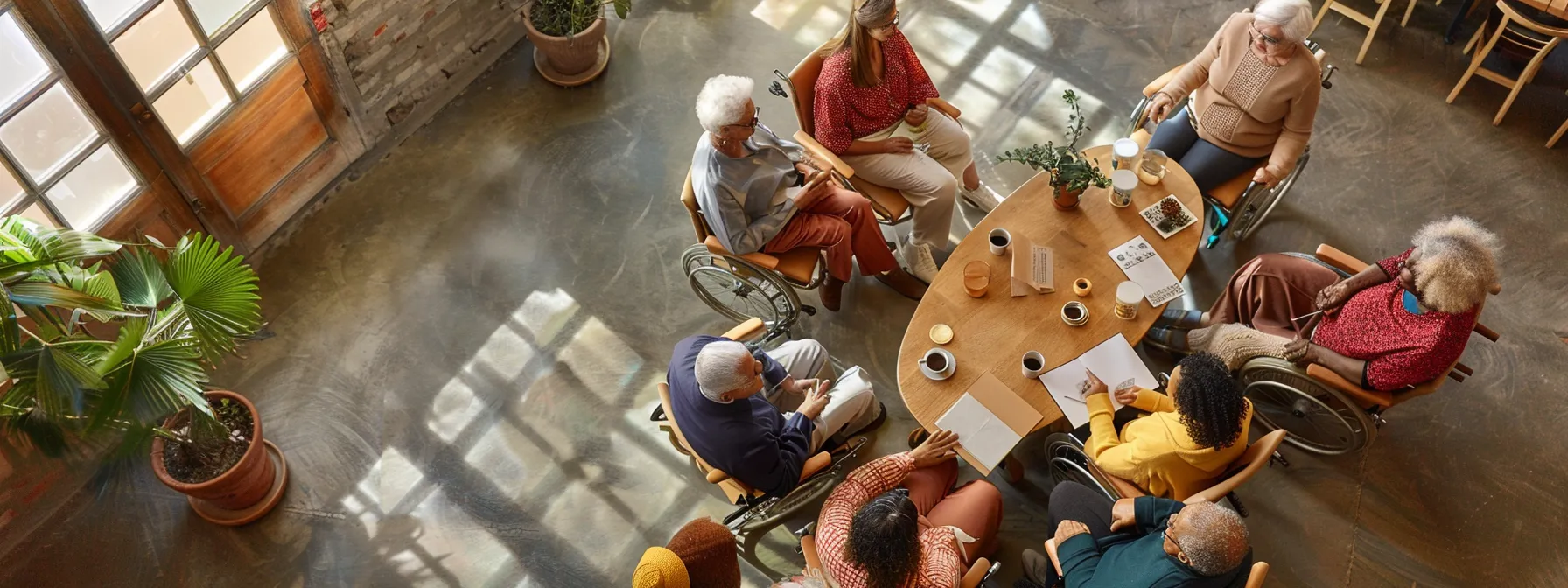 a diverse group of seniors, some in wheelchairs and others using canes, gather around a medicare enrollment advisor in a bustling community center.