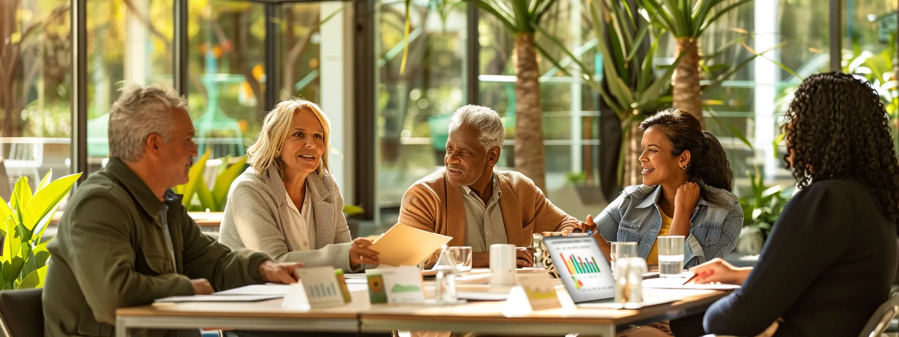 a serene and sophisticated scene depicting a diverse group of adults engaging in a roundtable discussion on whole life insurance basics, with charts and graphs spread out in front of them.