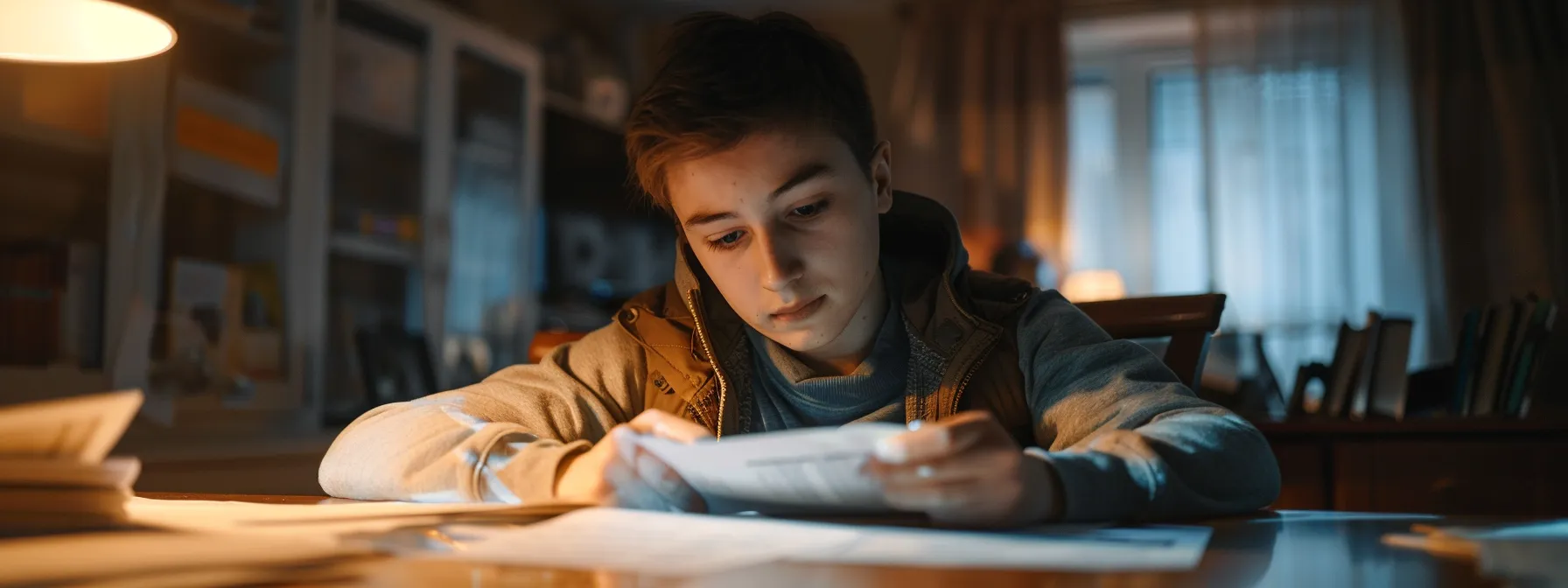 a person carefully comparing different final expense policy options laid out on a table, with a look of concentration and determination on their face.