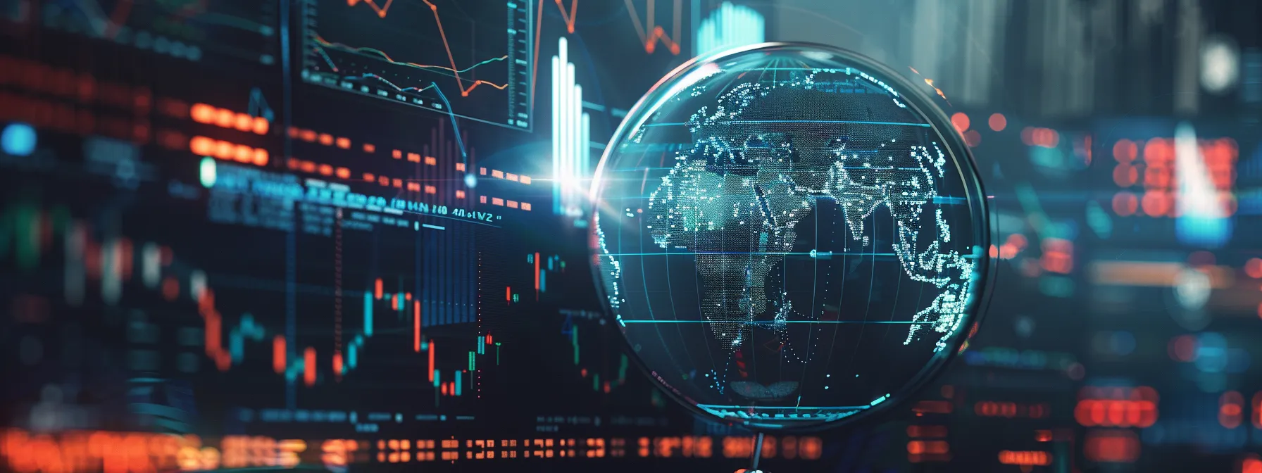 a futuristic digital globe surrounded by a variety of financial charts and graphs, symbolizing the unique investment aspect of indexed universal life insurance (iul).