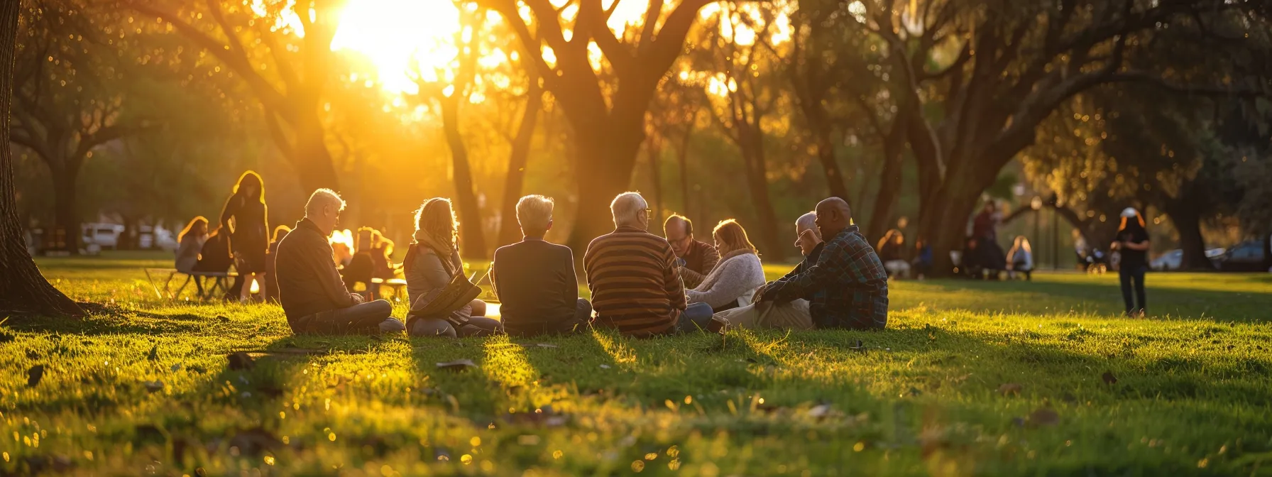 a beautiful sunset casting a warm glow over a diverse group of retirees sharing stories and laughter in a park, symbolizing the customization of annuity duration to meet individual needs for financial security in retirement planning.