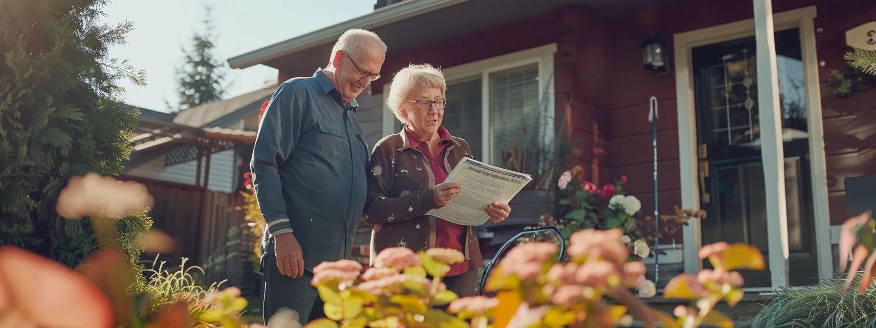 a senior couple standing outside their home, reviewing documents with a financial advisor, discussing life insurance policy maturity and payout options.