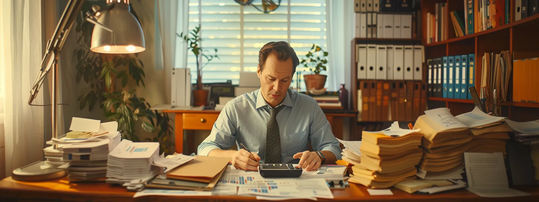 a person at a desk with a calculator, a stack of papers, and a worried expression, surrounded by charts and graphs detailing whole life insurance costs.