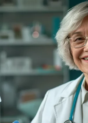 a smiling senior citizen holding a medicare card with a backdrop of a doctor's office, embodying confidence and security in healthcare coverage at age 65.