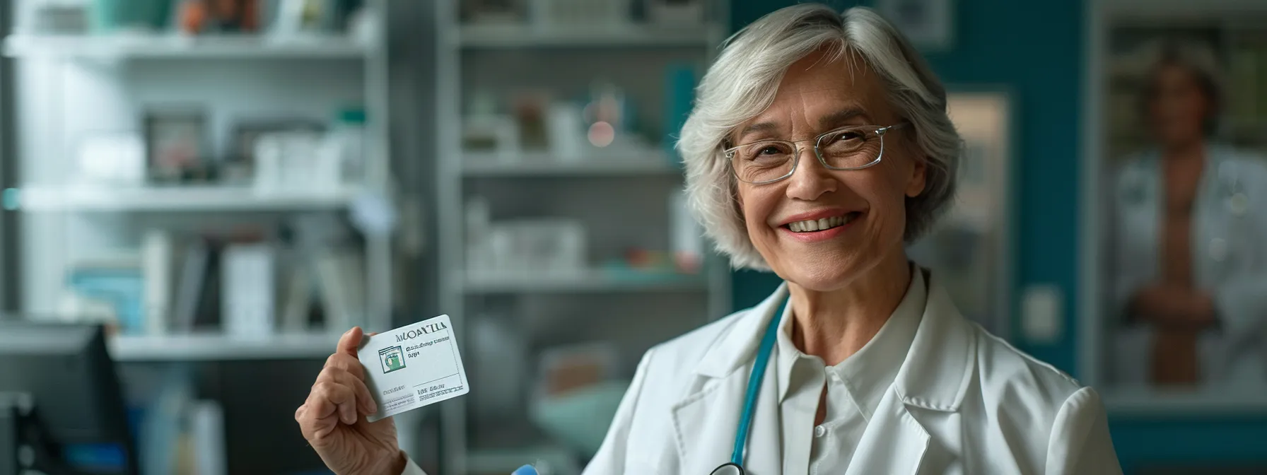 a smiling senior citizen holding a medicare card with a backdrop of a doctor's office, embodying confidence and security in healthcare coverage at age 65.