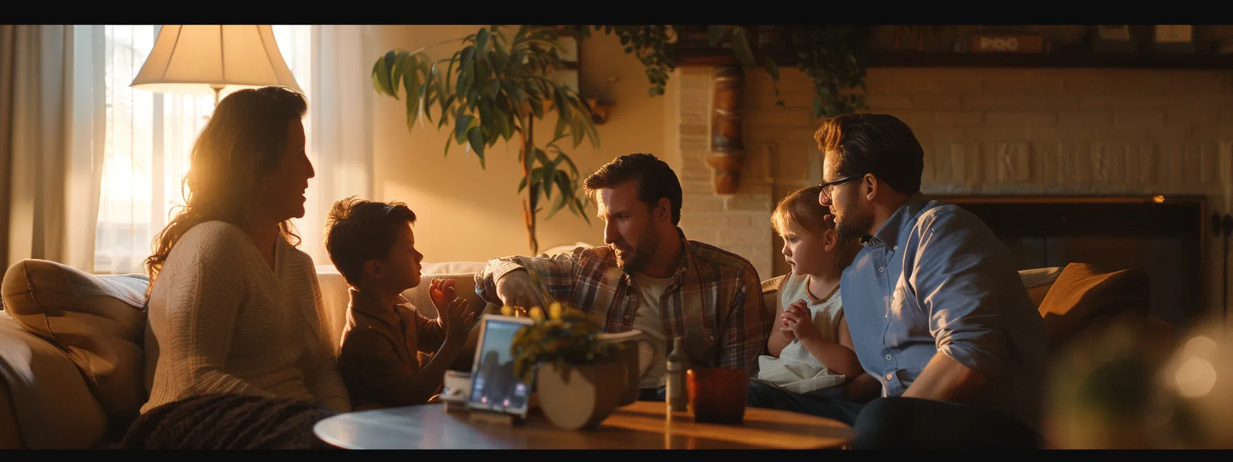 a family sitting around a cozy living room, discussing whole life insurance options and comparing it to term life insurance, with a policy from northwestern mutual prominently displayed on the coffee table.