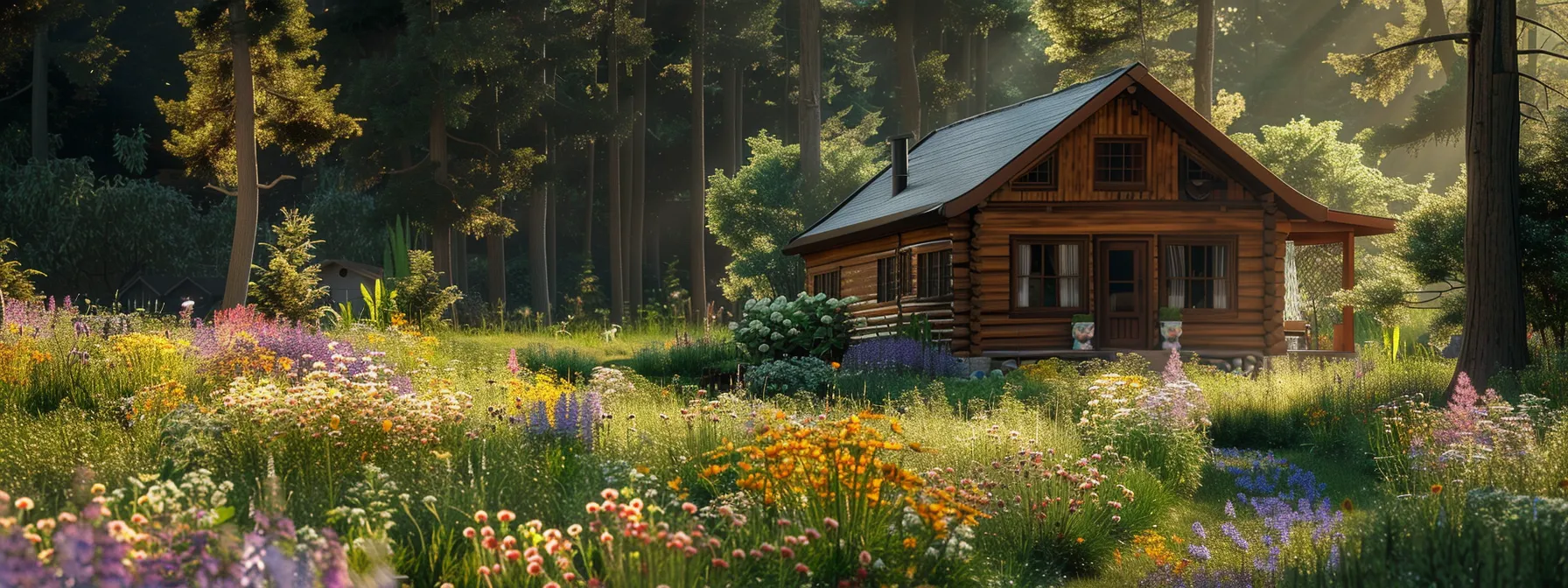 a peaceful retirement setting with a cozy cabin surrounded by blooming flowers, representing a secure income through annuities for financial planning.