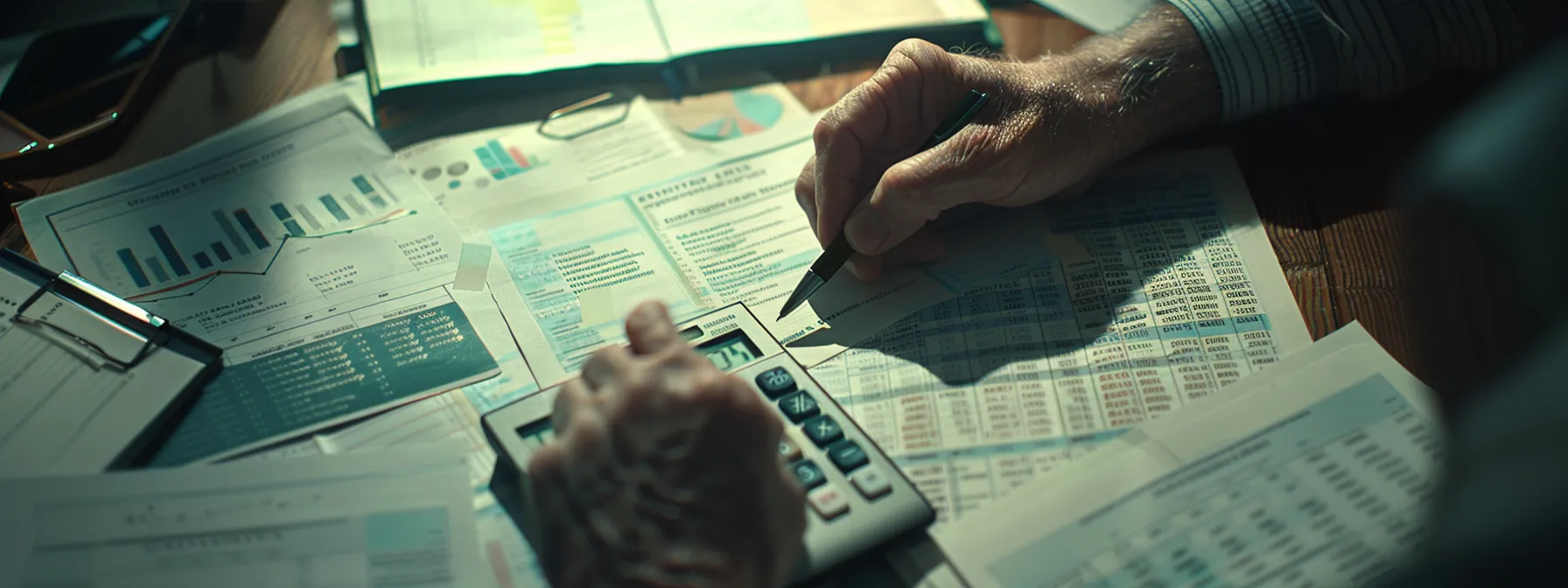 a person carefully reviewing financial documents with a calculator in hand, surrounded by charts and graphs, depicting the meticulous planning required for an iul policy.