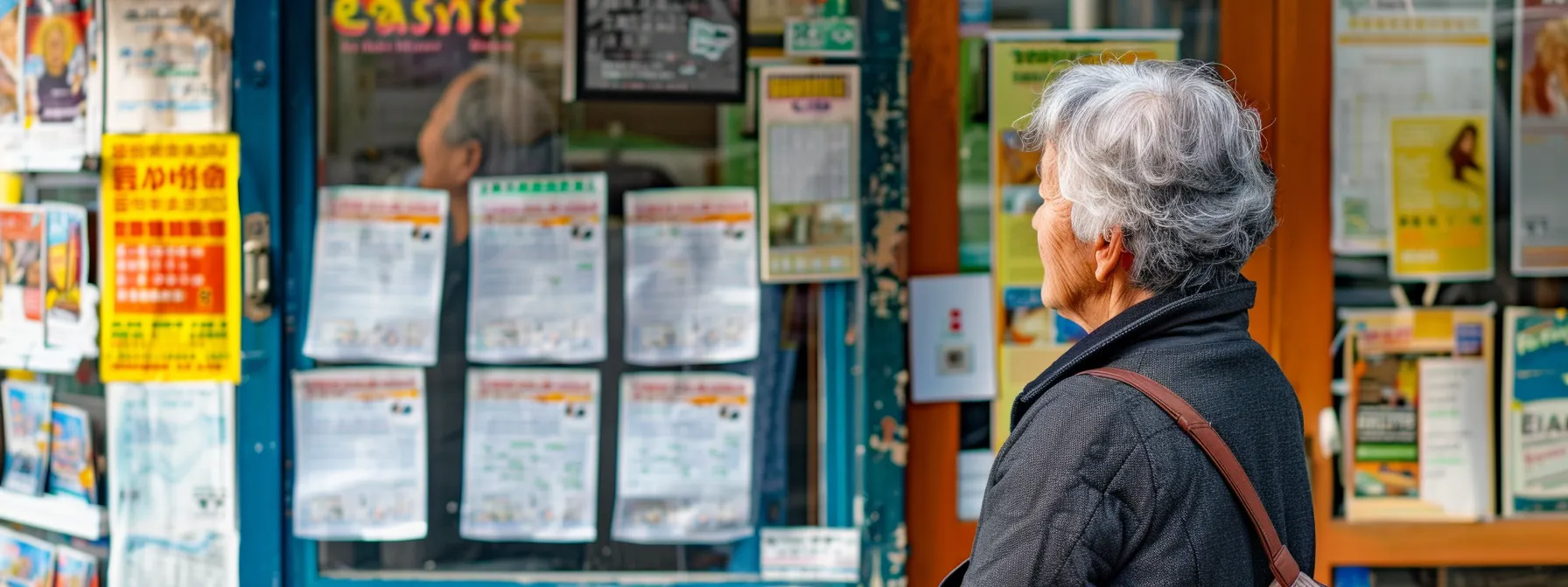 a senior woman standing next to a medicare information booth, surrounded by pamphlets and posters detailing eligibility criteria.