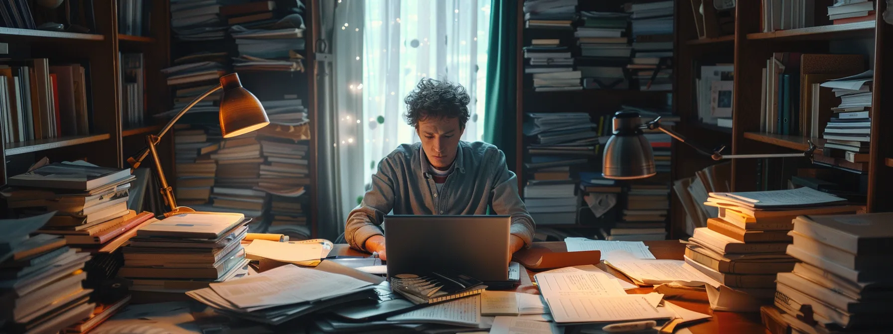 a person sitting at a desk surrounded by stacks of papers and a laptop, comparing insurance quotes and consulting with a financial advisor.