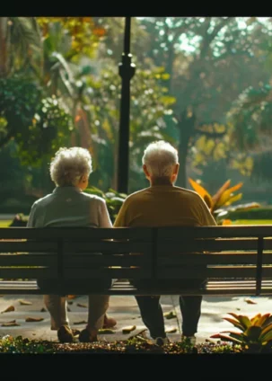 a serene, mature couple sitting on a park bench, gazing off into the distance, surrounded by lush greenery and a feeling of security, representing the peace of mind that whole life insurance can provide.