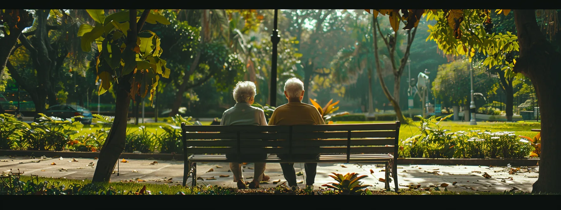 a serene, mature couple sitting on a park bench, gazing off into the distance, surrounded by lush greenery and a feeling of security, representing the peace of mind that whole life insurance can provide.