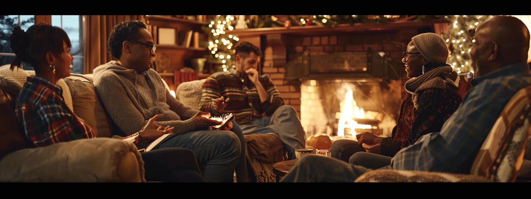 a group of diverse individuals discussing final expense insurance in a cozy living room, surrounded by comforting books and a warm fireplace.