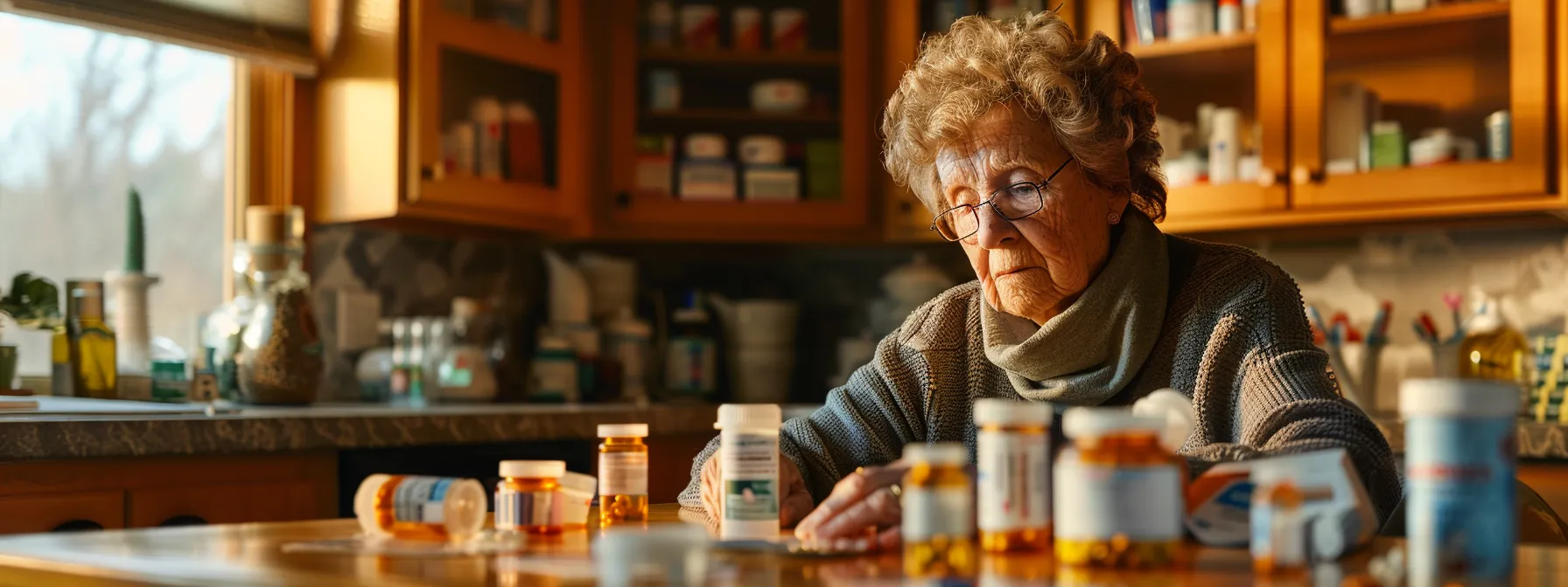 a senior woman sitting at a table with a variety of prescription drug plan options spread out in front of her, carefully comparing costs and coverage.