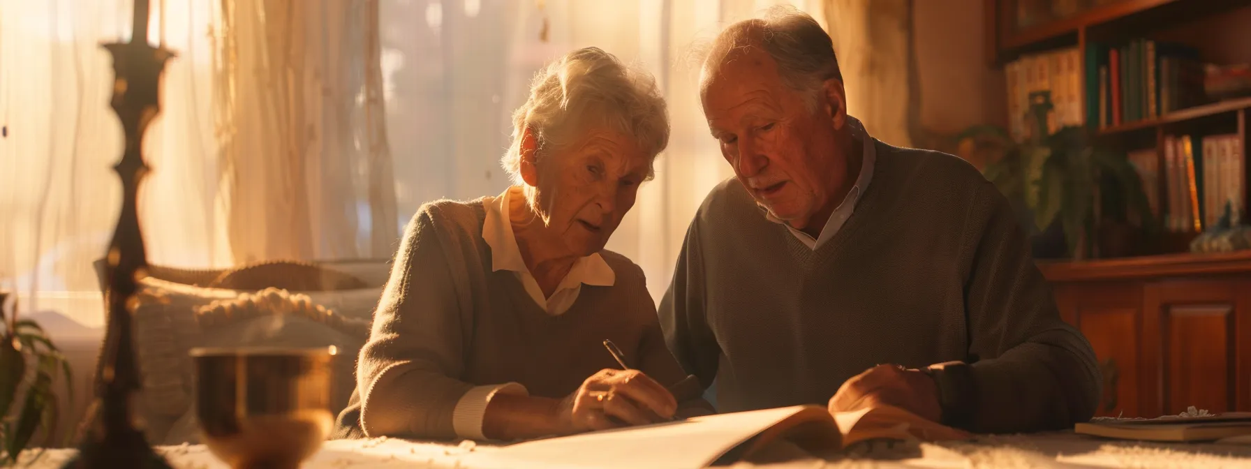 a serene elderly couple reviewing final expense insurance policy details at a cozy table with warm lighting.