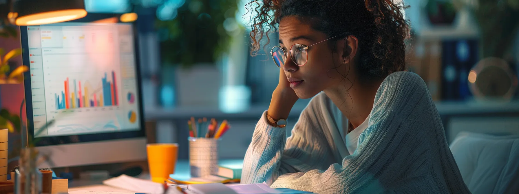 a person sitting at a desk, reviewing charts and graphs while contemplating different insurance options with a look of determination and focus.