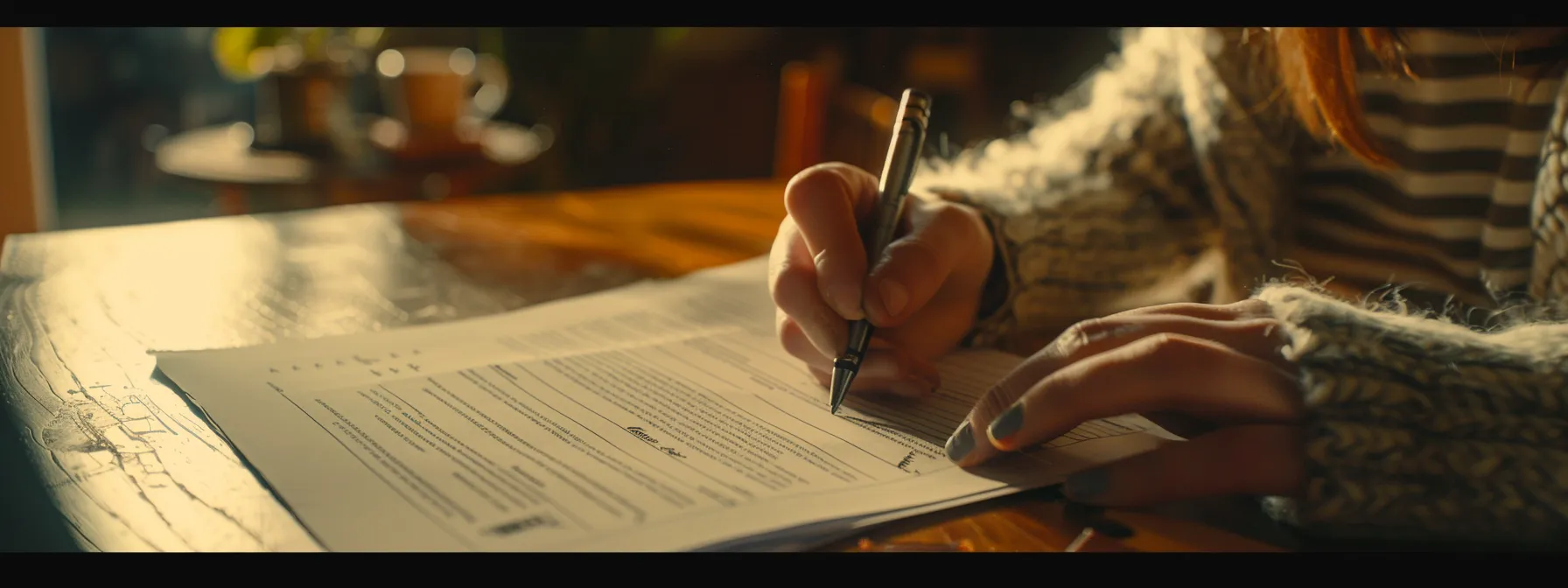 a close-up shot of a person organizing paperwork and filling out a final expense insurance application form on a wooden desk, with a pen ready to be used.