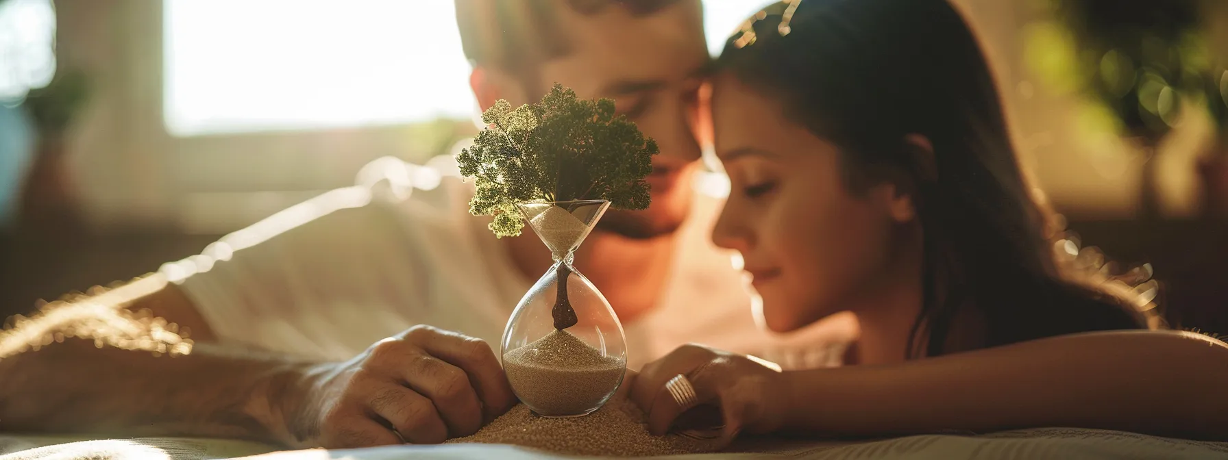 a photo of a young couple comparing a temporary hourglass representing term life insurance and a sturdy oak tree symbolizing whole life insurance, showing the contrasting concepts of coverage duration and lifelong protection with cash value.