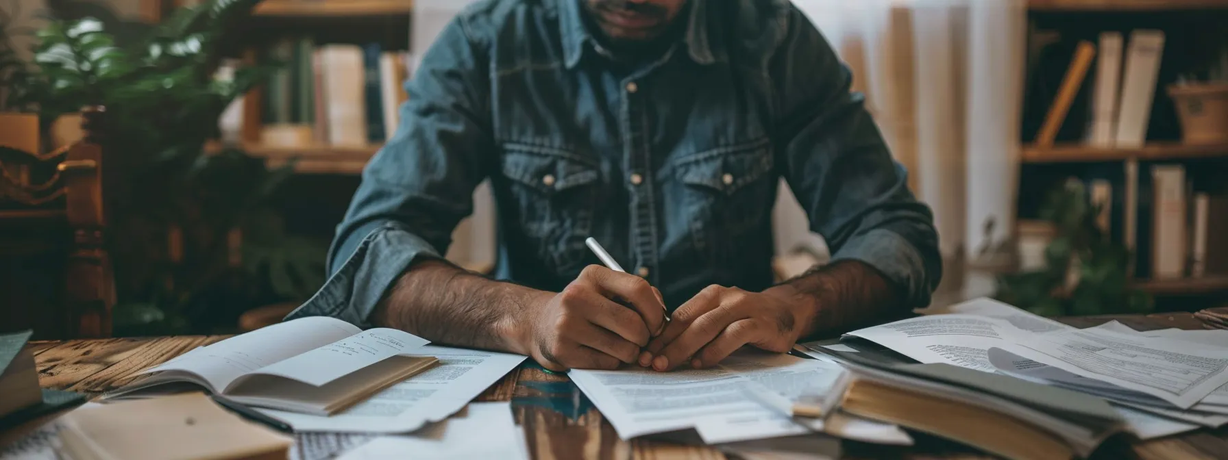 a person sitting at a desk surrounded by financial documents, deep in contemplation while making notes on a whole life insurance policy.