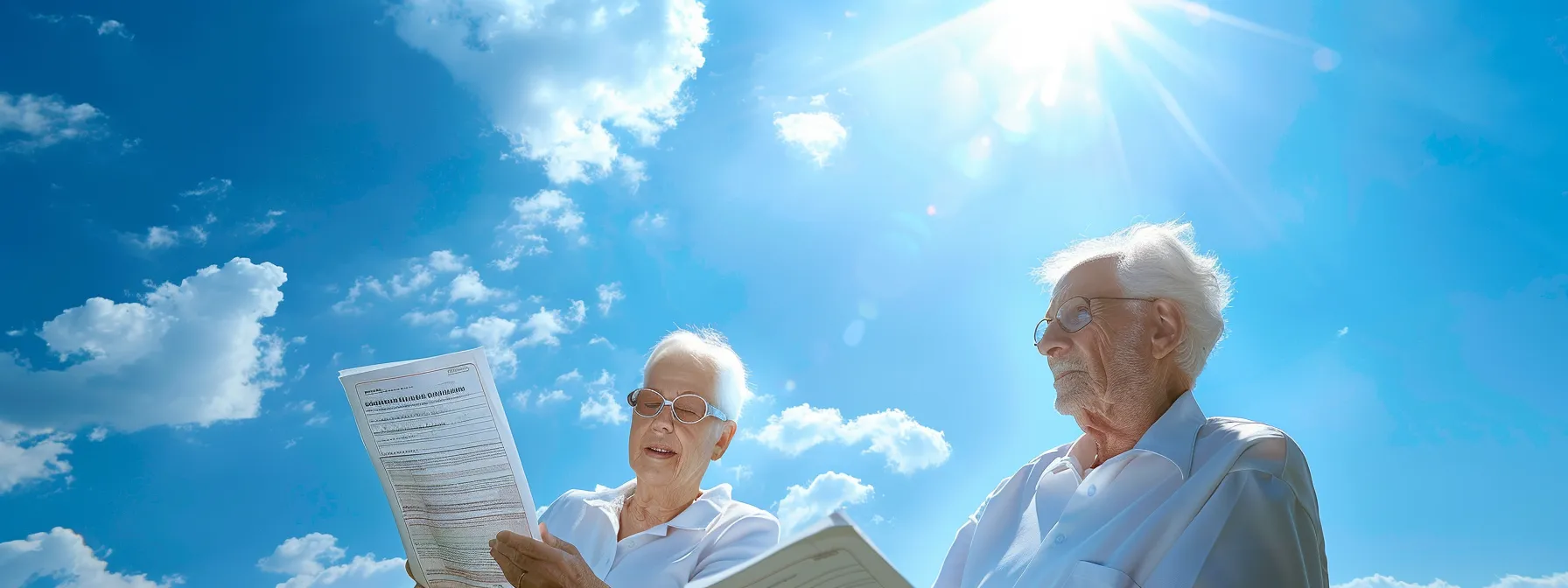 a senior couple reviewing medicare paperwork under a bright, sunny sky, symbolizing the importance of planning and understanding healthcare expenses at age 65.