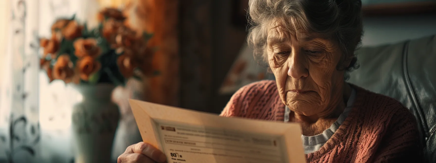 a grieving family member opening an envelope with a check for a final expense policy payout, their face reflecting relief and gratitude.
