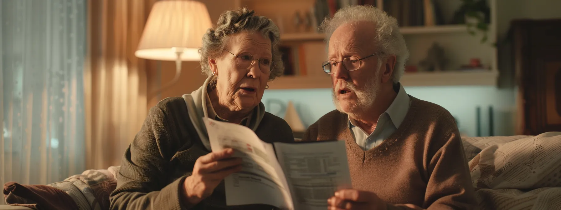 a senior couple reviewing financial documents with furrowed brows, calculating medicare costs and premiums.
