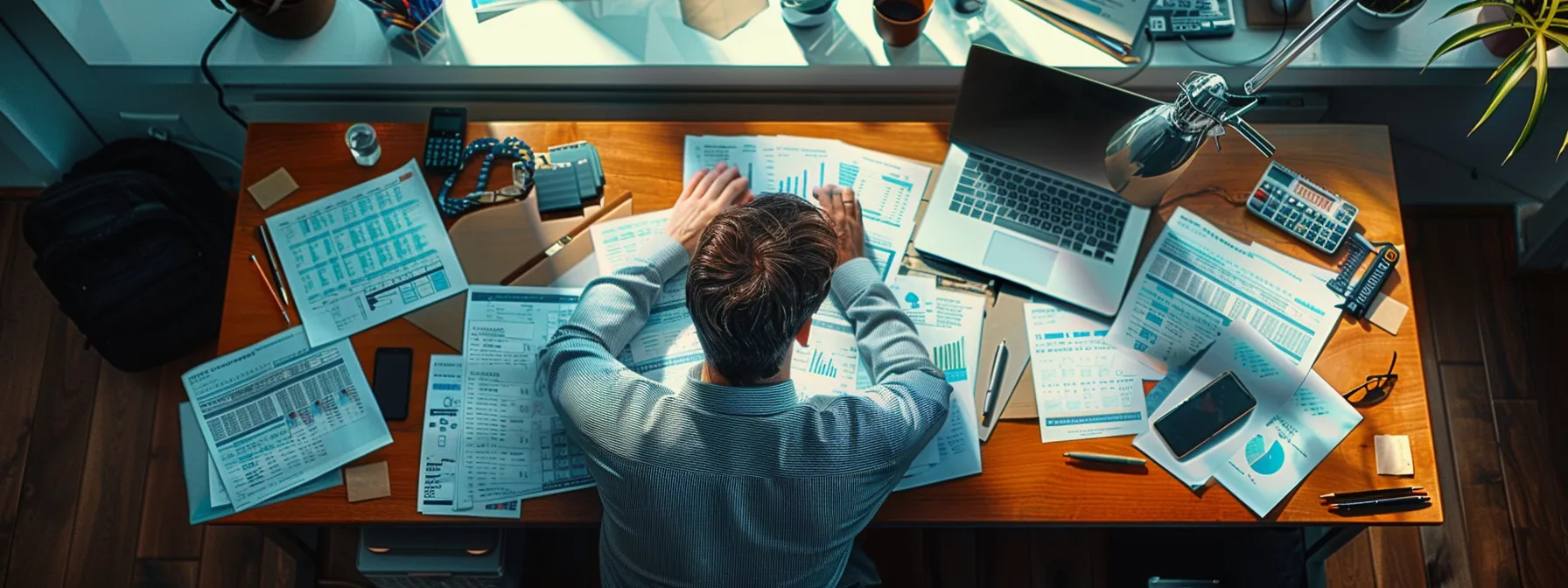 a person sitting at a sleek desk surrounded by spreadsheets, graphs, and financial reports, carefully monitoring and adjusting their annuity investments with a focused expression.