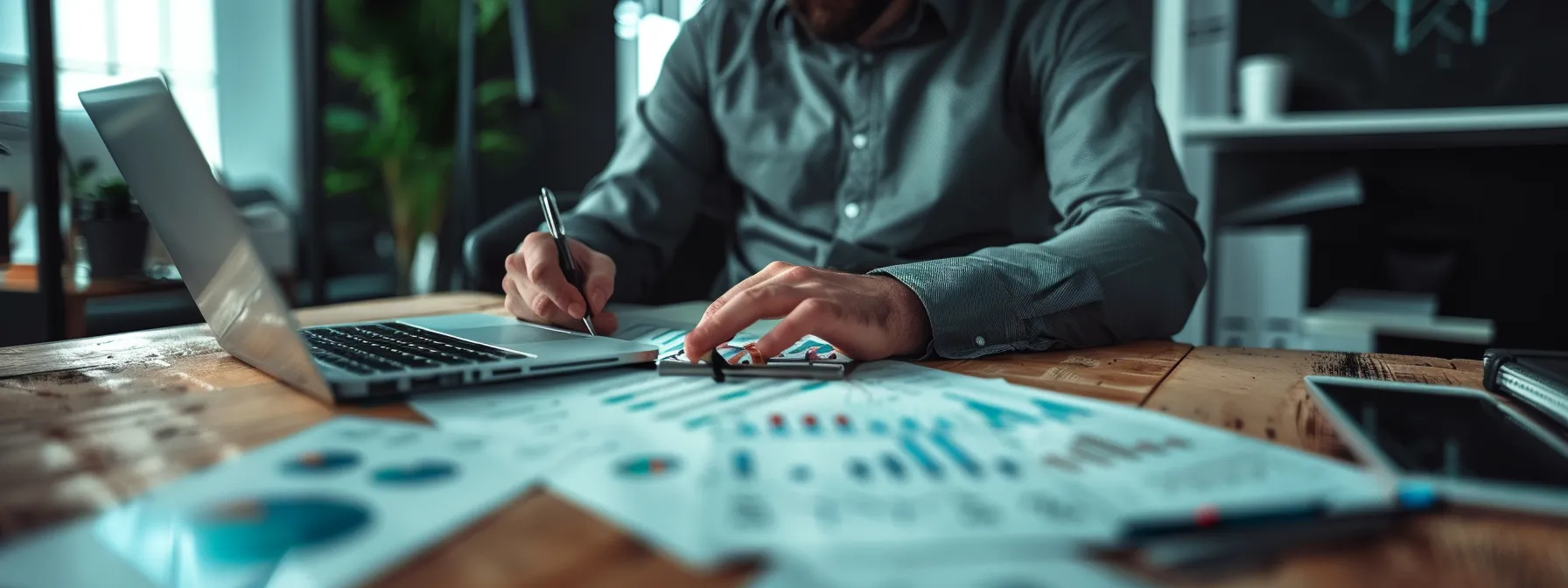 a focused individual consults with a financial advisor in a modern office, surrounded by charts and graphs illustrating their long-term financial goals.