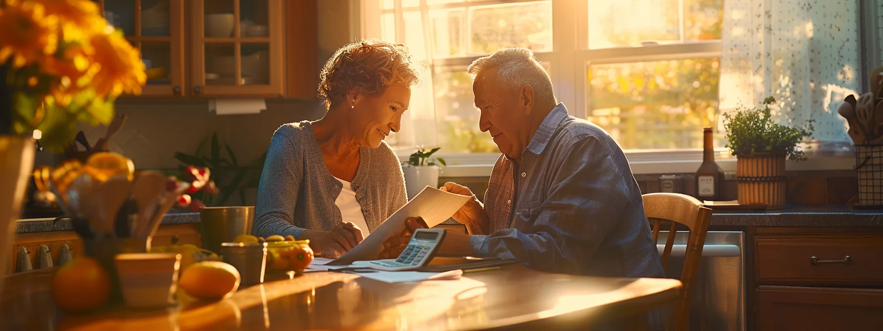 a senior couple reviewing final expense insurance documents at a cozy kitchen table with a calculator, highlighting the importance of understanding and comparing costs.