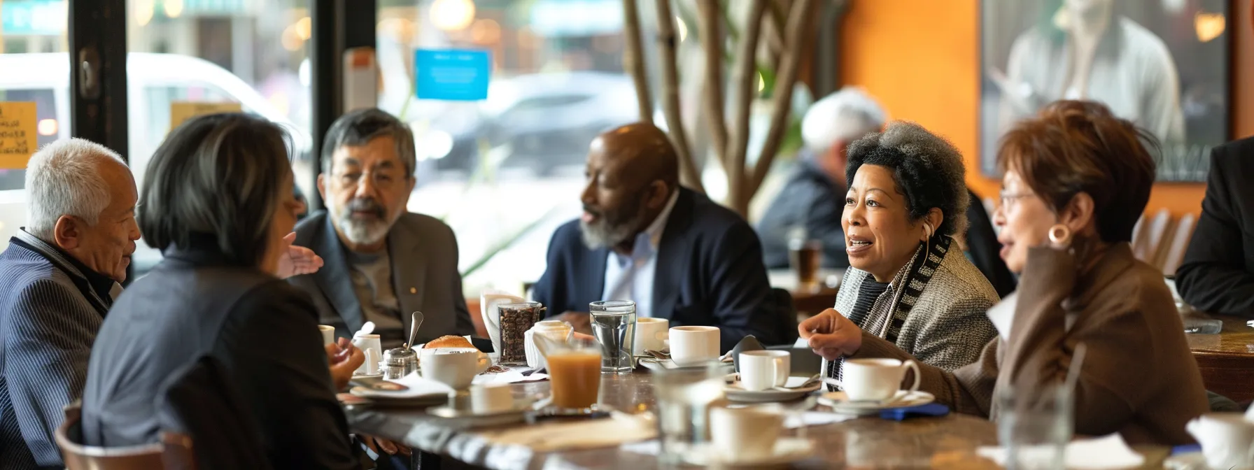 a diverse group of people of all ages and backgrounds happily discuss over a cup of coffee at a cozy coffee shop, illustrating the accessibility and inclusivity of whole life insurance.