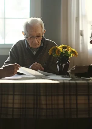 a serene elderly couple sitting at a kitchen table, reviewing final expense insurance policy documents with a compassionate insurance agent.