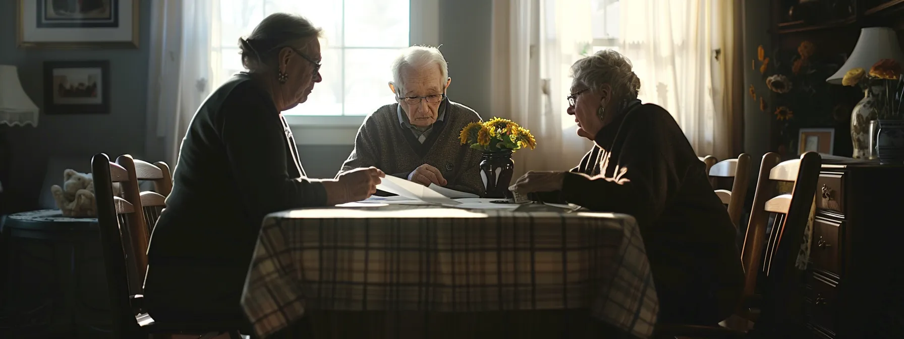 a serene elderly couple sitting at a kitchen table, reviewing final expense insurance policy documents with a compassionate insurance agent.