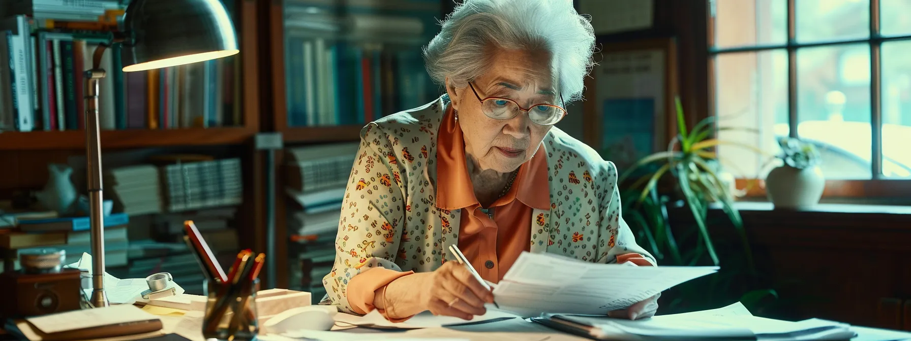 a senior woman reviewing medicare documents at a well-lit desk, surrounded by intricate medical charts and paperwork.