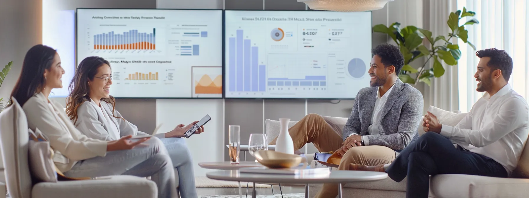a diverse group of people in a modern office setting, discussing various insurance policies, charts and graphs in the background illustrating cost differences and benefits.