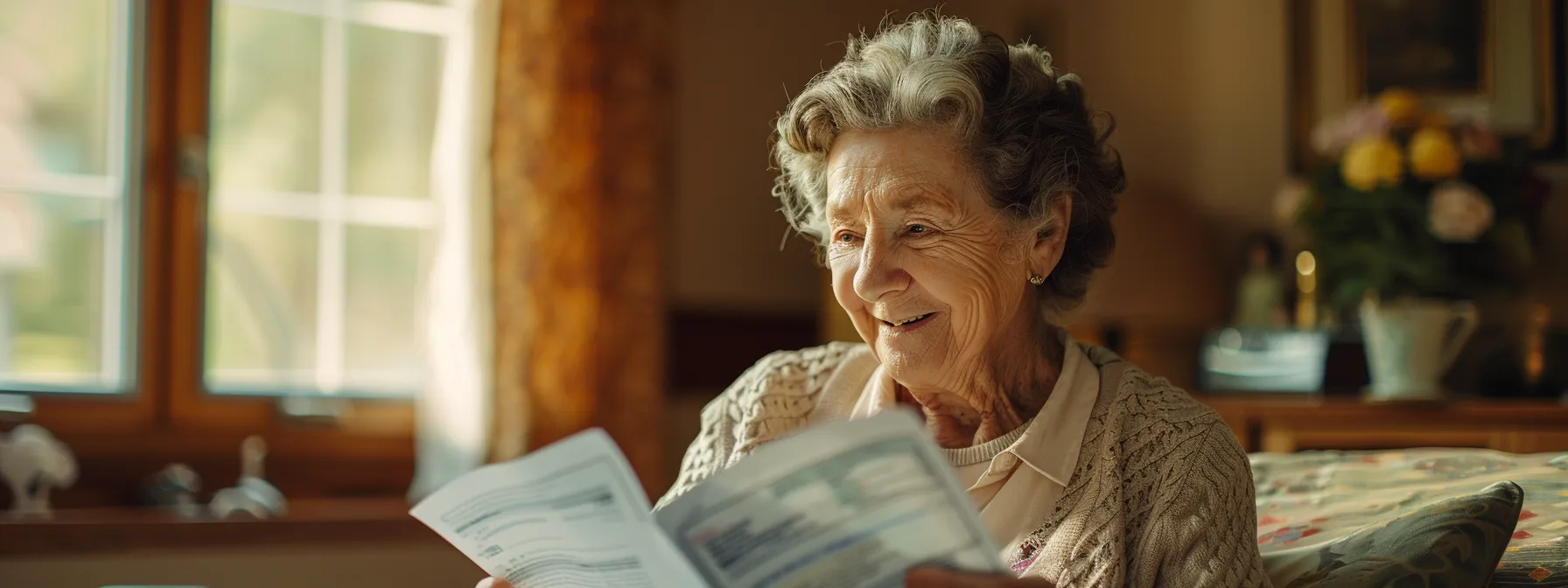 a senior woman smiling as she reviews paperwork with a medicare savings programs brochure in hand, surrounded by charts highlighting potential savings.