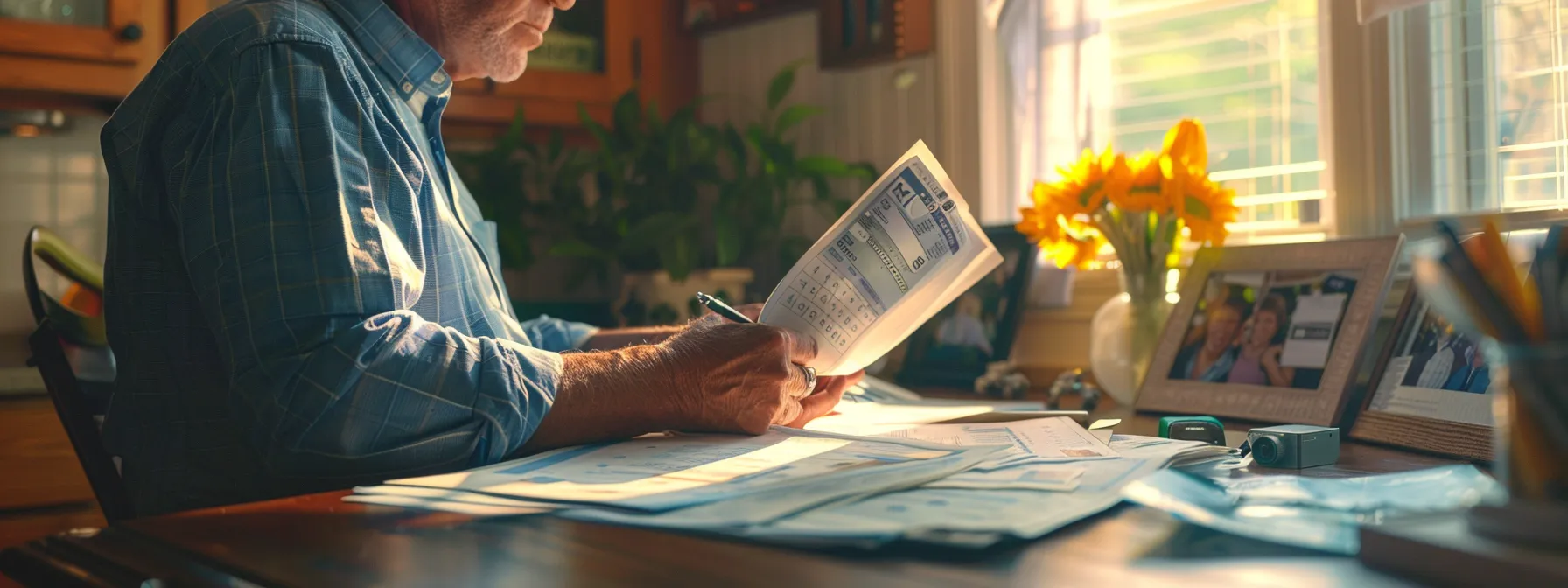 a person reviewing financial documents while sitting at a kitchen table, surrounded by family photos and a calendar marking important life milestones.