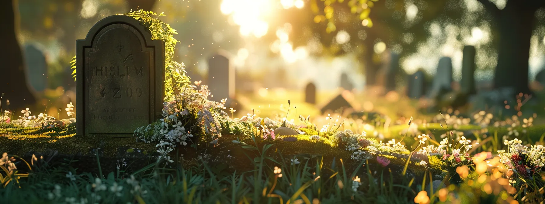 a peaceful cemetery with a serene gravestone adorned with flowers and a gentle shaft of sunlight.