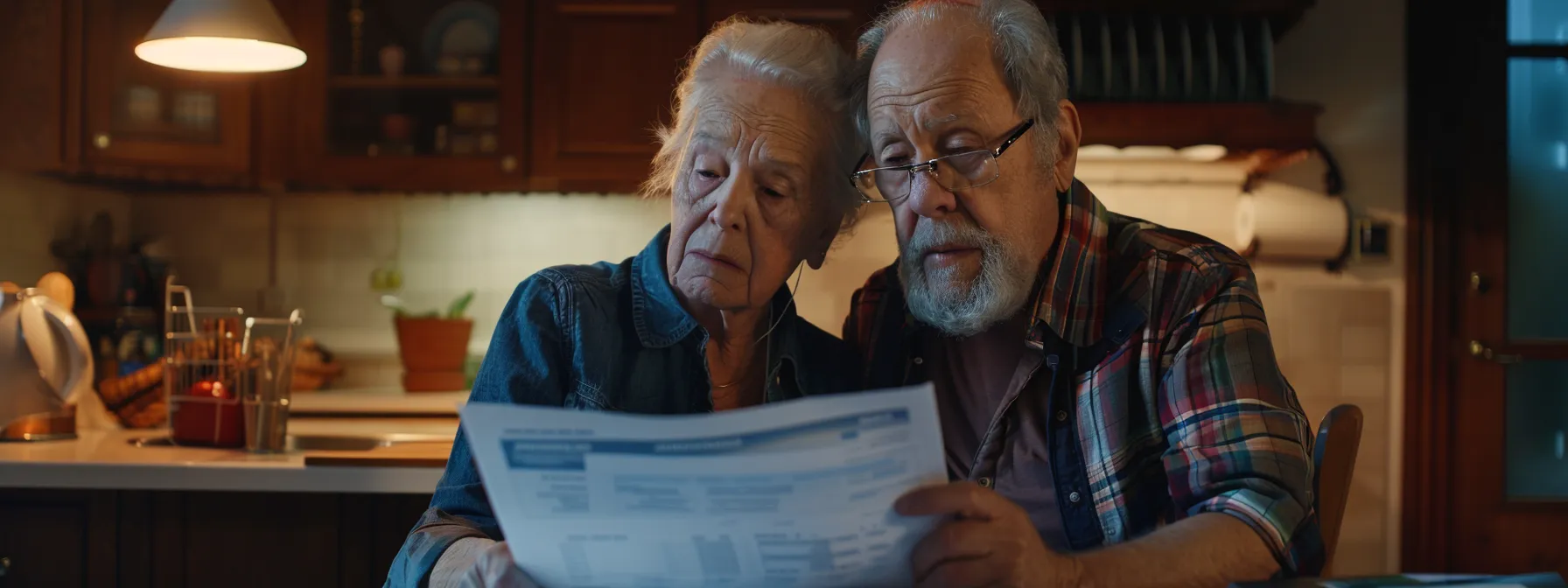 a senior couple reviewing medical bills and insurance paperwork at a kitchen table, looking puzzled and concerned.