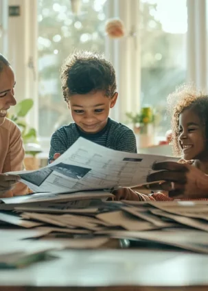 a family of four sits around a kitchen table, smiling and laughing, surrounded by stacks of paperwork and documents, emphasizing the importance of securing their future with term life insurance.