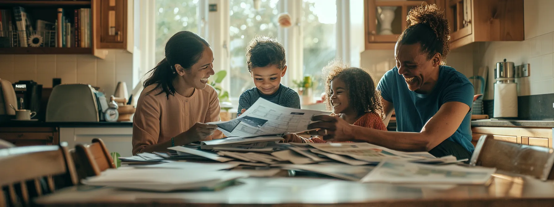 a family of four sits around a kitchen table, smiling and laughing, surrounded by stacks of paperwork and documents, emphasizing the importance of securing their future with term life insurance.