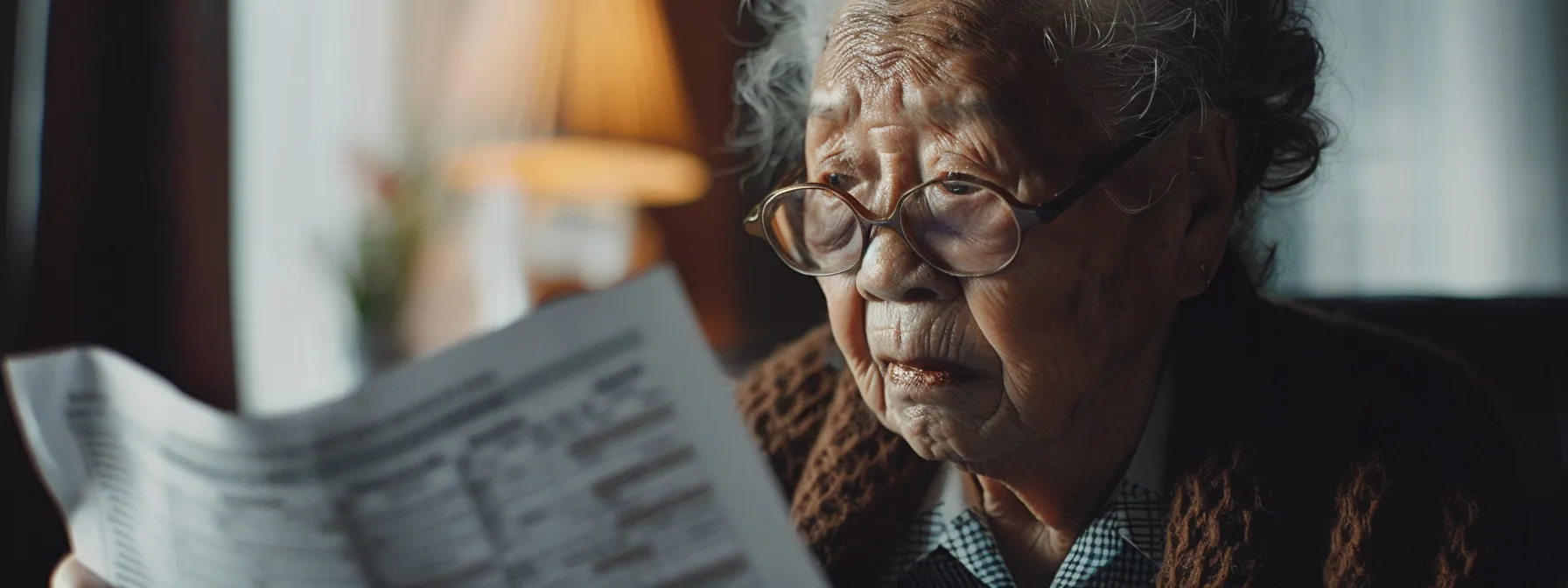 an elderly woman carefully reviewing a detailed medicare cost breakdown, with a look of determination and focus on her face.